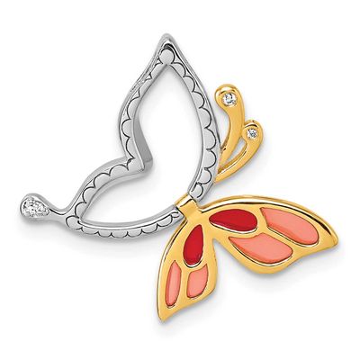 Gold-tone Pink Red Enameled with White CZ Moveable Wing Butterfly Chain Slide Pendant Sterling Silv