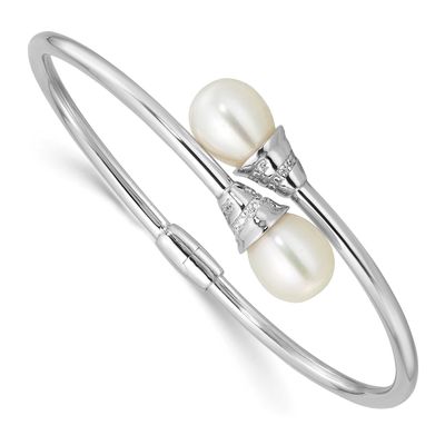 8-10mm White Teardrop Freshwater Cultured Pearl and CZ Hinged Bangle Sterling Silver Rhodium-plated