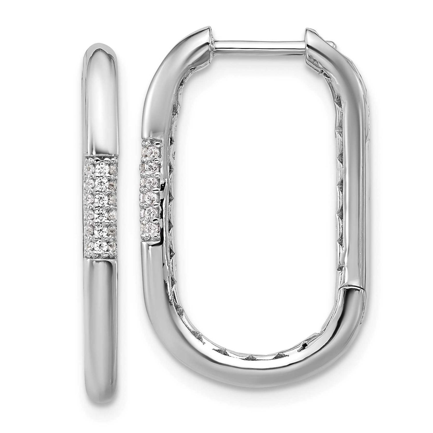 Cheryl M Polished CZ Oval Hinged Hoop Earrings Sterling Silver Rhodium-plated, QCM1687, 196904276235