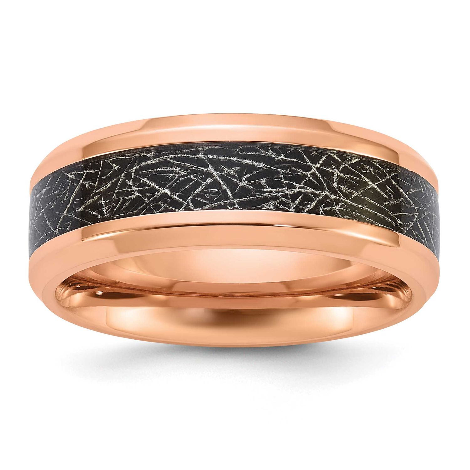 Rose IP-plated Synthetic Leather Inlay in Clear Epoxy 8mm Band Stainless Steel Polished, SR704-11.5