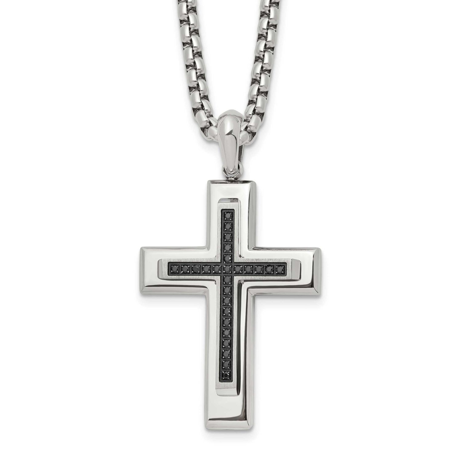 Black CZ Cross Pendant on a 22 inch Box Chain Necklace Stainless Steel Polished, SRN3129-22, 196904
