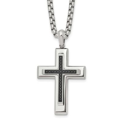Black CZ Cross Pendant on a 22 inch Box Chain Necklace Stainless Steel Polished, SRN3129-22, 196904