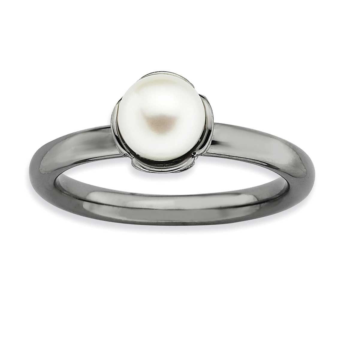 Stack Exp. White FW Cultured Pearl Black-plate Ring Sterling Silver, QSK751-7, 886774224329