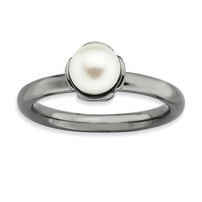 Stack Exp. White FW Cultured Pearl Black-plate Ring Sterling Silver, QSK751-7, 886774224329