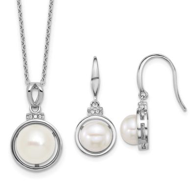 8-10mm White Button Freshwater Cultured Pearl and CZ 17 inch Necklace and Dangle Earrings Set Sterl
