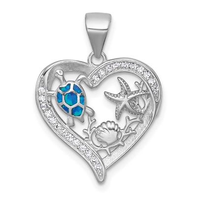 Textured Blue Created Opal CZ Sealife Heart Pendant Sterling Silver Rhodium-plated, QC11592,