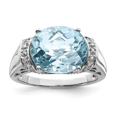 Checker-Cut Sky Blue Topaz &amp; Diam. Ring Sterling Silver Rhodium-plated, QR3189LSBT-9, 883957666662