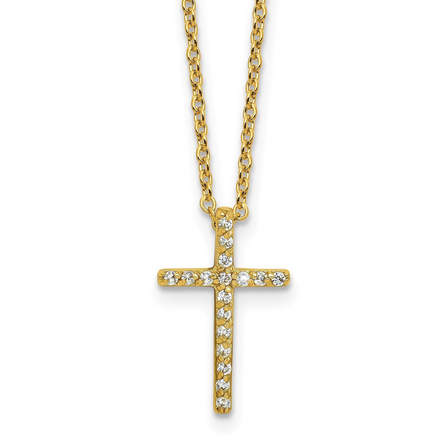 Cheryl M Polished CZ Latin Cross Necklace Sterling Silver Gold-plated, QCM881Y-18, 196904278574