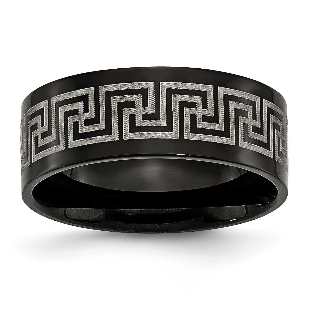 Black IP-plated Greek Key Laser Etched 8mm Brushed/Polished Band Titanium, TB364-8, 191101792946