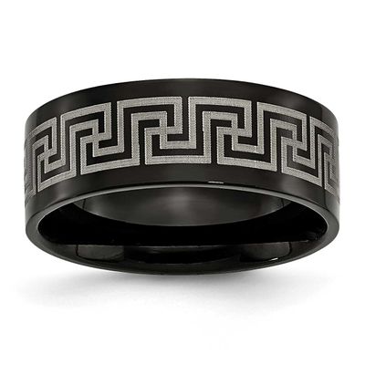 Black IP-plated Greek Key Laser Etched 8mm Brushed/Polished Band Titanium, TB364-8, 191101792946
