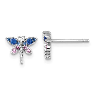 CZ Lab Cr Corundum &amp; Blue Glass Dragonfly Earrings Sterling Silver Rhodium-plated, QE18239,