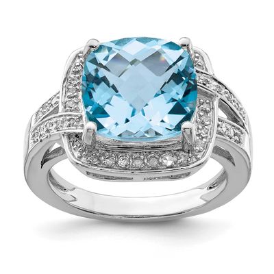 Checker-Cut Swiss Blue Topaz &amp; Diam. Ring Sterling Silver Rhodium-plated, QR3316BT-7, 883957364117