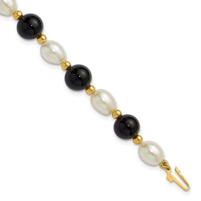 6-7mm White Rice Freshwater Cultured Pearl and Onyx Beaded 8 inch Bracelet 14k Gold, PR34-8,