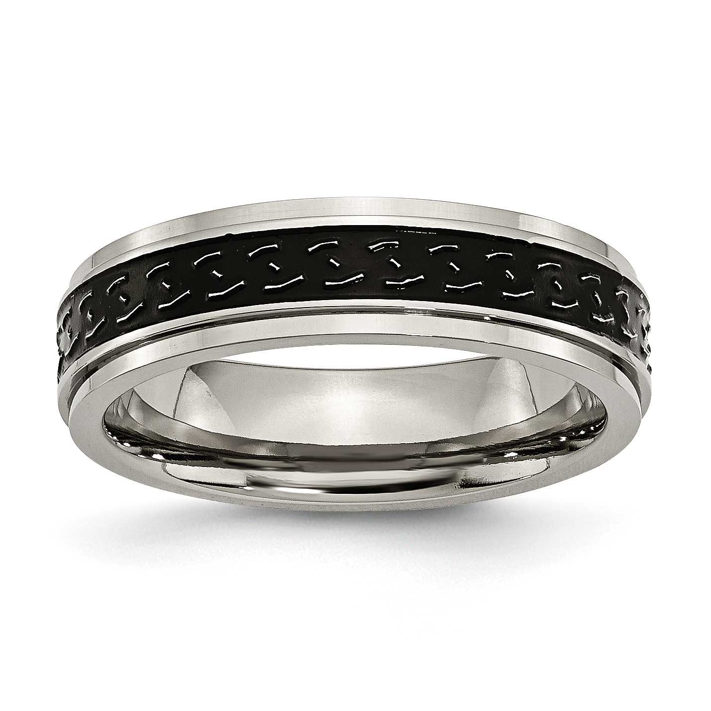 Black Enamel Braid Design 6mm Ridged Edge Band Titanium Polished, TB193-6, 883957792897