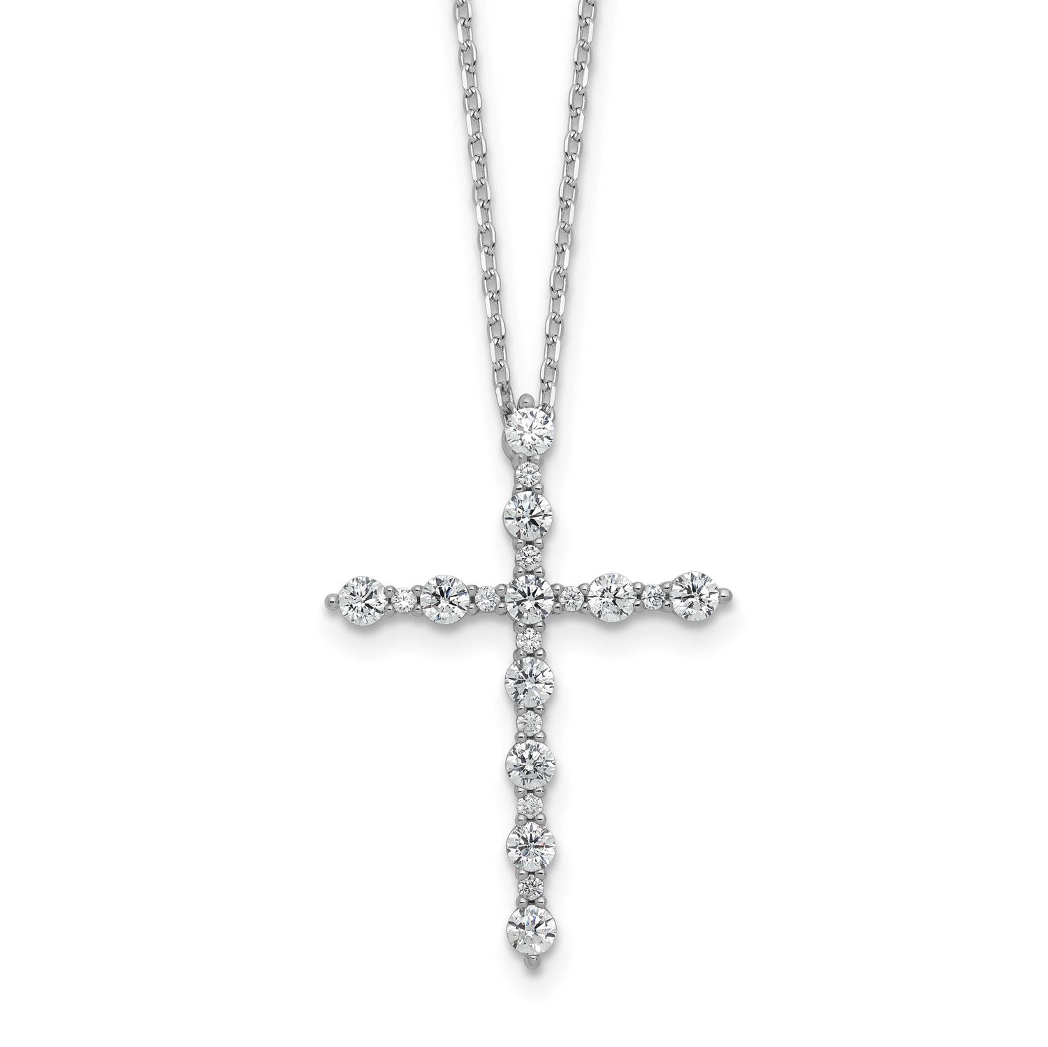 CZ 21 Stone Cross 16 inch with 2 inch Extension Necklace Sterling Silver Rhodium-plated, QSH169-16,