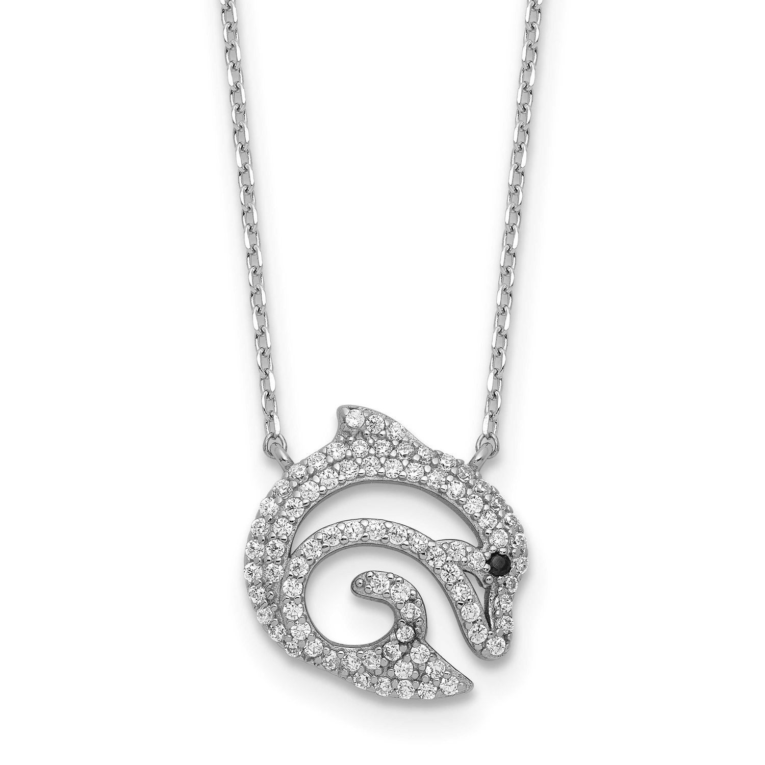Cheryl M Polished Black and White CZ Dolphin Necklace Sterling Silver Rhodium-plated, QCM1780-18, 1