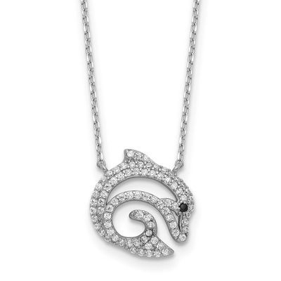 Cheryl M Polished Black and White CZ Dolphin Necklace Sterling Silver Rhodium-plated, QCM1780-18, 1