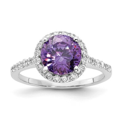 Cheryl M Polished Purple and White CZ Round Halo Ring Sterling Silver Rhodium-plated, QCM1933-5,