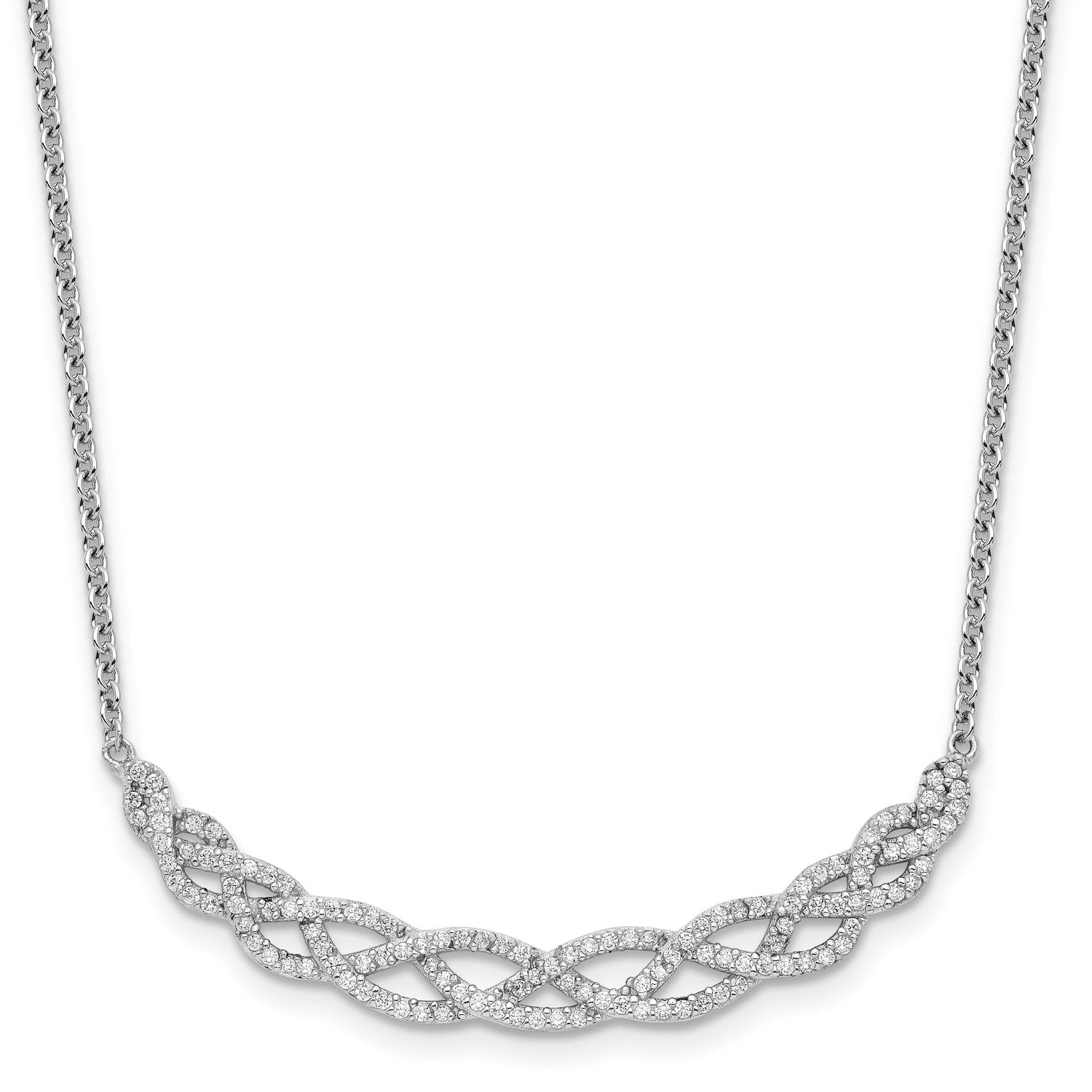 Cheryl M Polished Fancy Woven CZ 16 Inch with 2 Inch Extension Necklace Sterling Silver Rhodium-pla