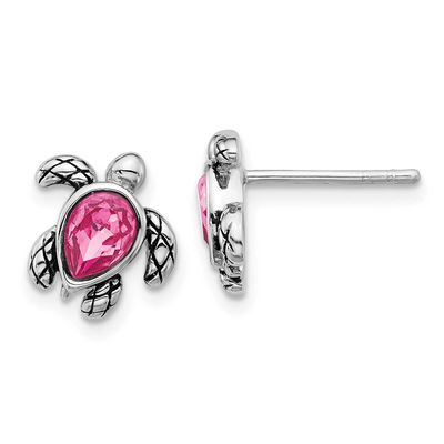 Polished and Antiqued Pink Crystal October Birthstone Turtle Earrings Sterling Silver Rhodium-plate