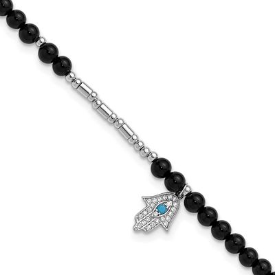 Cheryl M Polished Onyx Crystal and CZ Hamsa 9.5 Inch with 1 Inch Extension Anklet Sterling Silver R