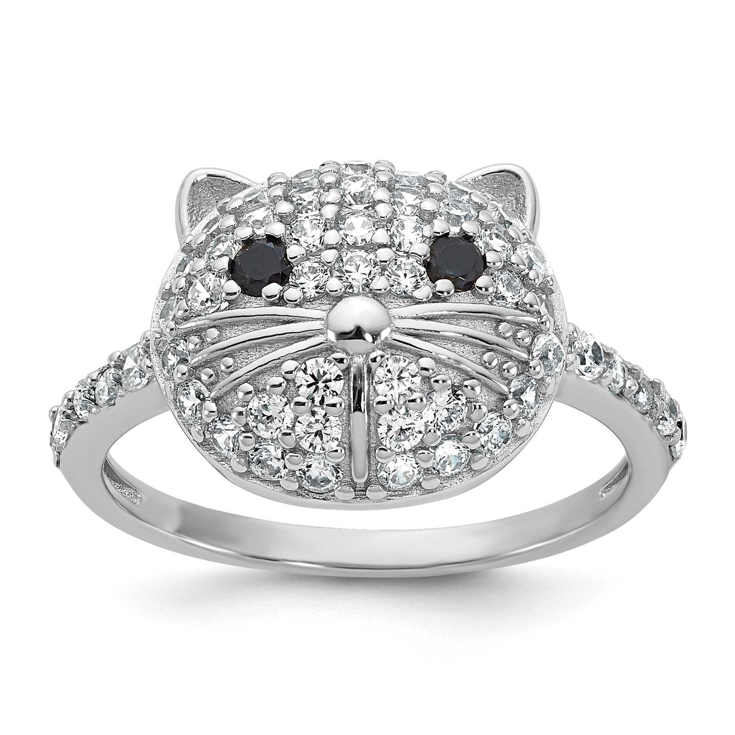 Cheryl M Polished Black and White CZ Cat Ring Sterling Silver Rhodium-plated, QCM1926-5,
