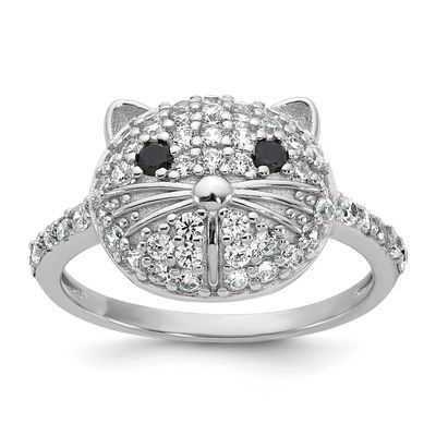 Cheryl M Polished Black and White CZ Cat Ring Sterling Silver Rhodium-plated, QCM1926-5,