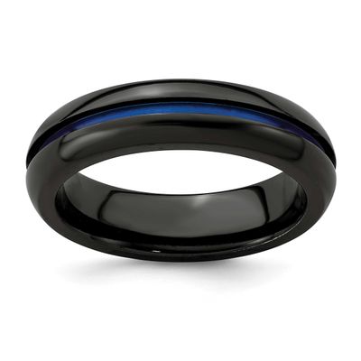 Edward Mirell with Blue Anodized Center Stripe Domed 6mm Band Black Ti, EMR344-13, 191101332159