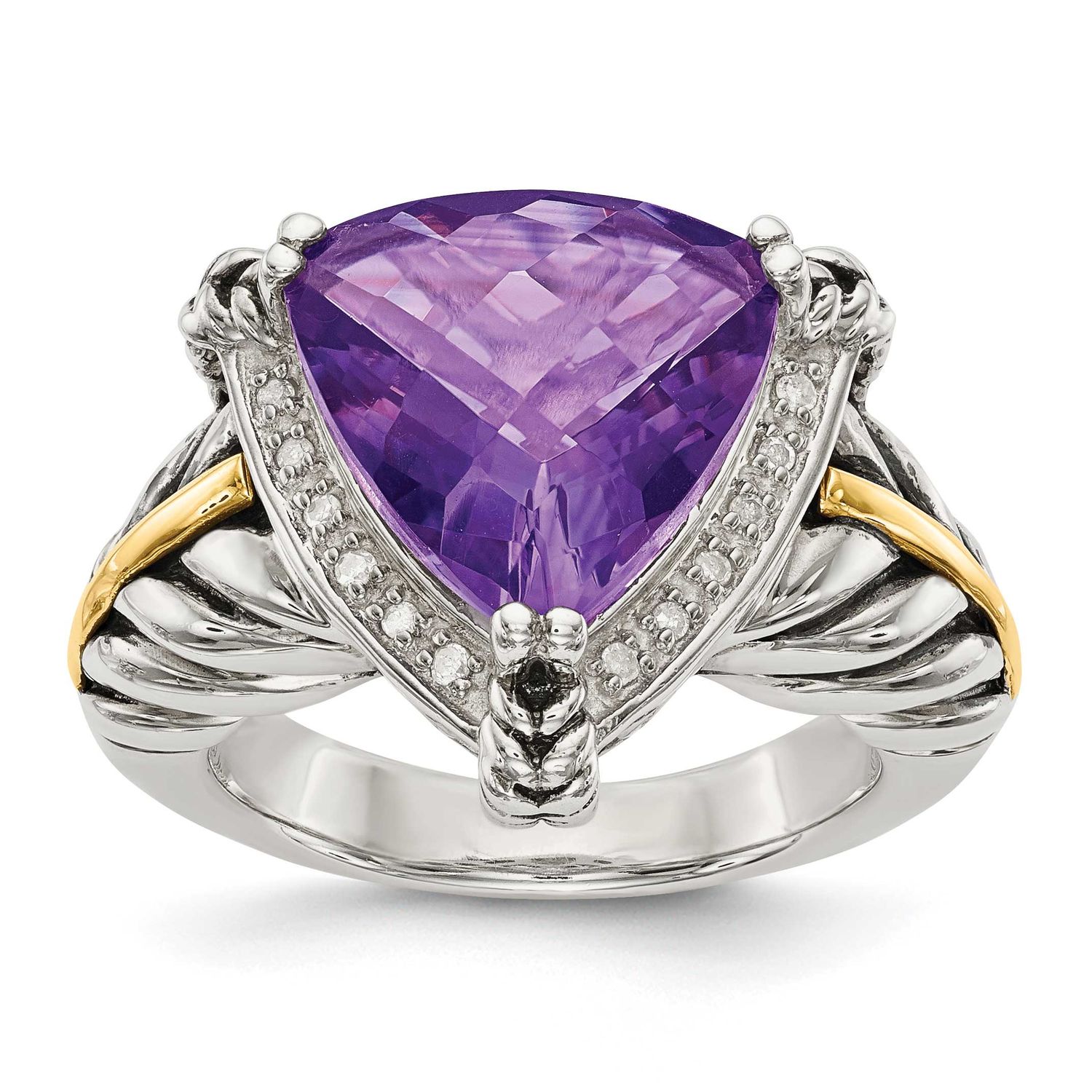 Shey Couture with 14k Accent Antiqued Trillion Amethyst and Diamond Ring Sterling Silver, QTC1219-7
