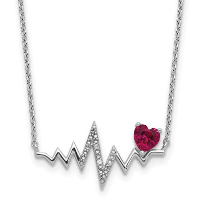 Cheryl M Polished Lab Created Ruby and CZ Heartbeat Necklace Sterling Silver Rhodium-plated, QCM184