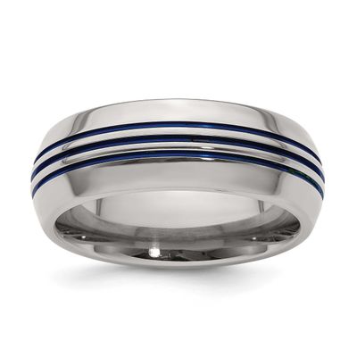Edward Mirell Blue Anodized Triple Groove Domed 8mm Band Titanium, EMR100-13, 614664182134