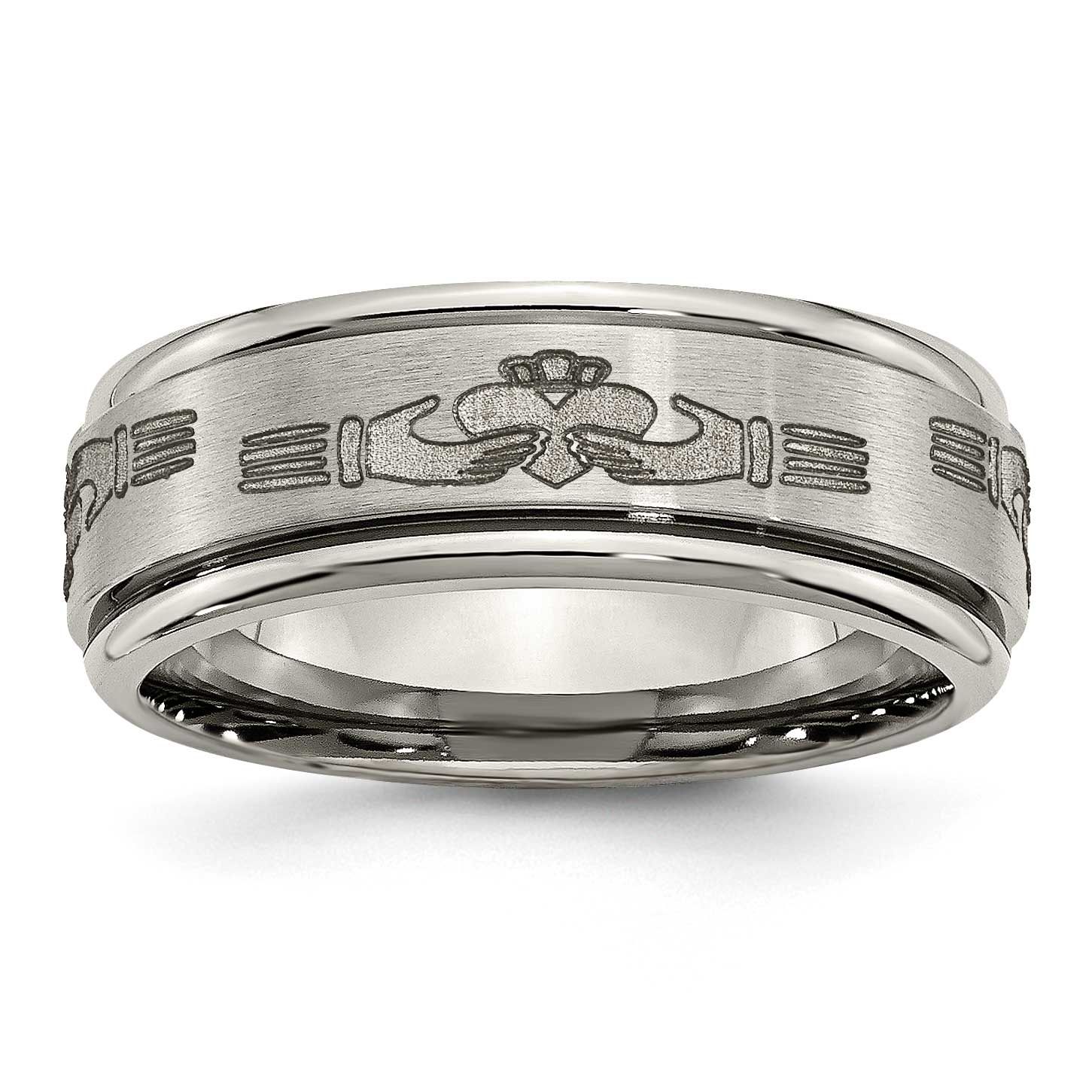 Claddagh Laser Design 8mm Ridged Edge Band Titanium Brushed and Polished, TB11N-11, 886774046761