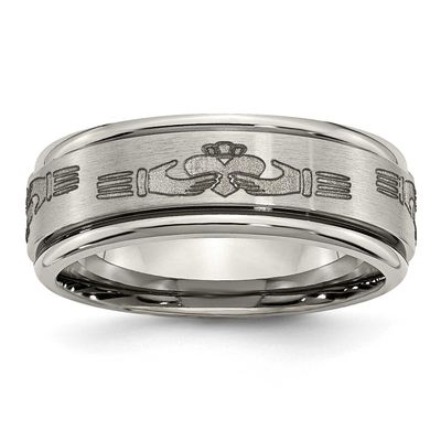 Claddagh Laser Design 8mm Ridged Edge Band Titanium Brushed and Polished, TB11N-11, 886774046761