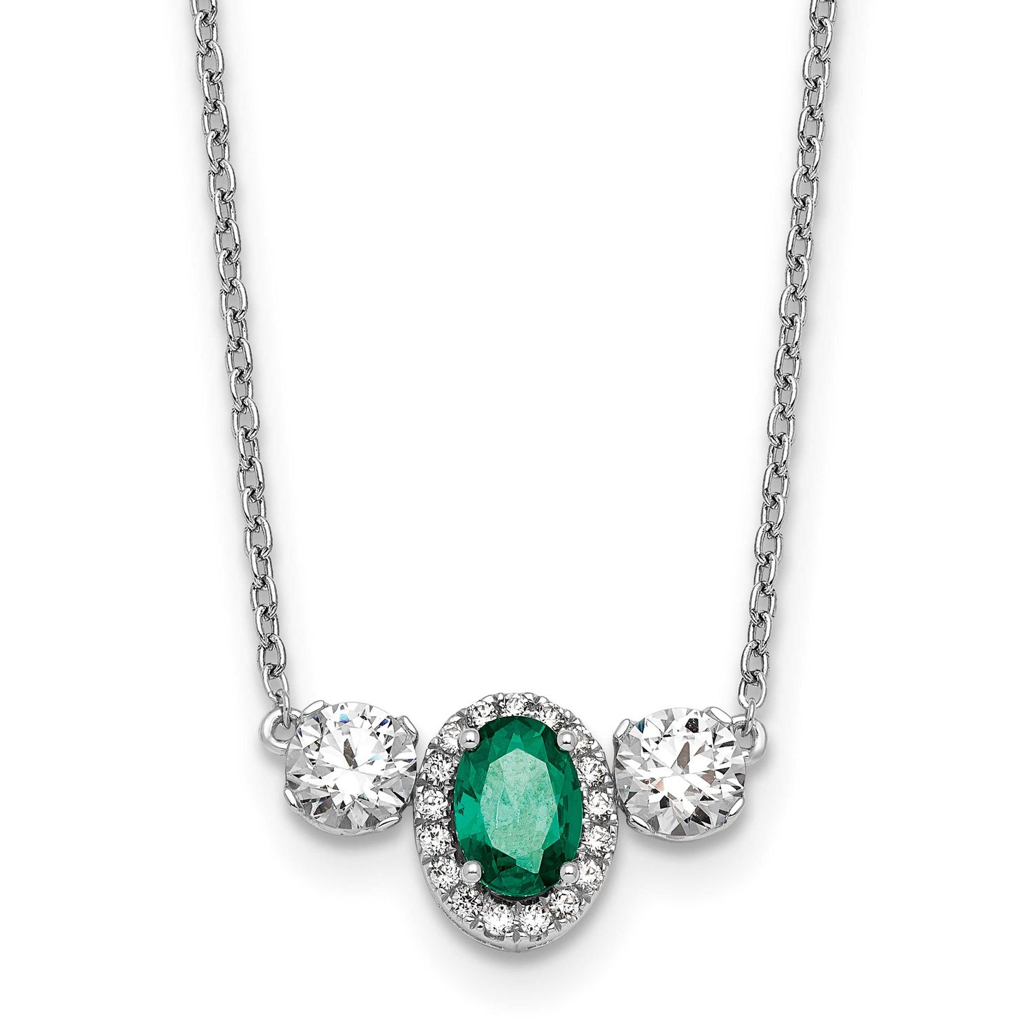 Lab Grown VS/SI FGH Diamond and Cr Emerald 3-Stone Necklace 14k White Gold, PM10468-CEM-113-WLG,