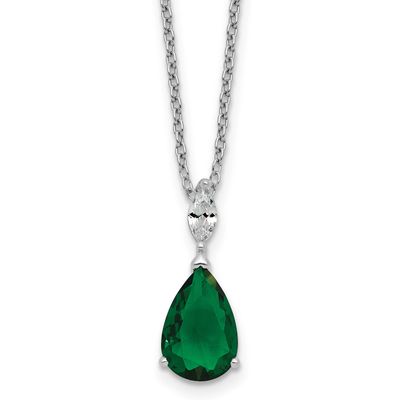 Cheryl M Polished CZ and Green Glass Teardrop 18 Inch Necklace Sterling Silver Rhodium-plated, QCM1