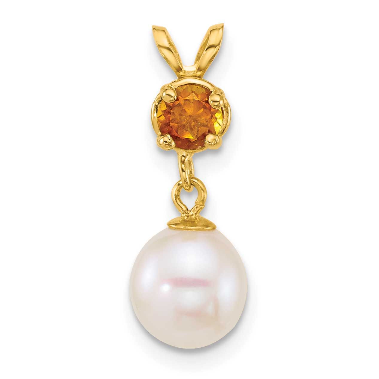 7-8mm White Round Freshwater Cultured Pearl and .23CI Citrine Pendant 14k Gold, XF878/CI,