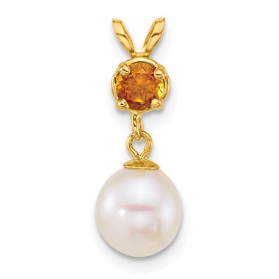 7-8mm White Round Freshwater Cultured Pearl and .23CI Citrine Pendant 14k Gold, XF878/CI,