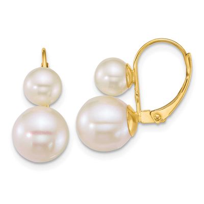 6-9mm White Round Freshwater Cultured 2 Pearl Leverback Earrings 14k Gold, XF912E,