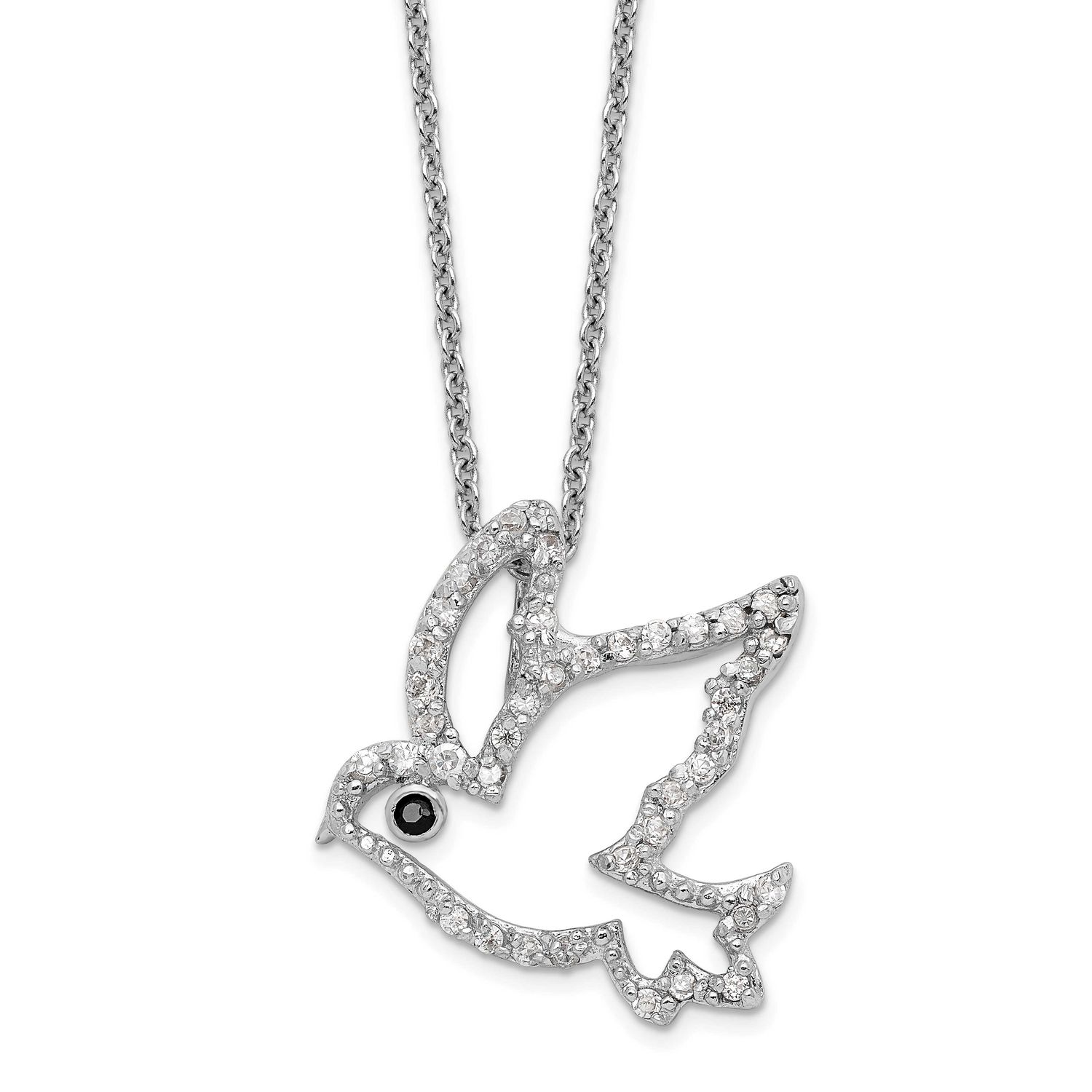 Cheryl M Polished Black and White CZ Dove 16 Inch with 2 Inch Extension Necklace Sterling Silver Rh