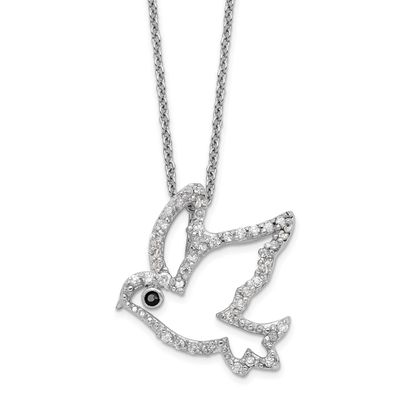 Cheryl M Polished Black and White CZ Dove 16 Inch with 2 Inch Extension Necklace Sterling Silver Rh
