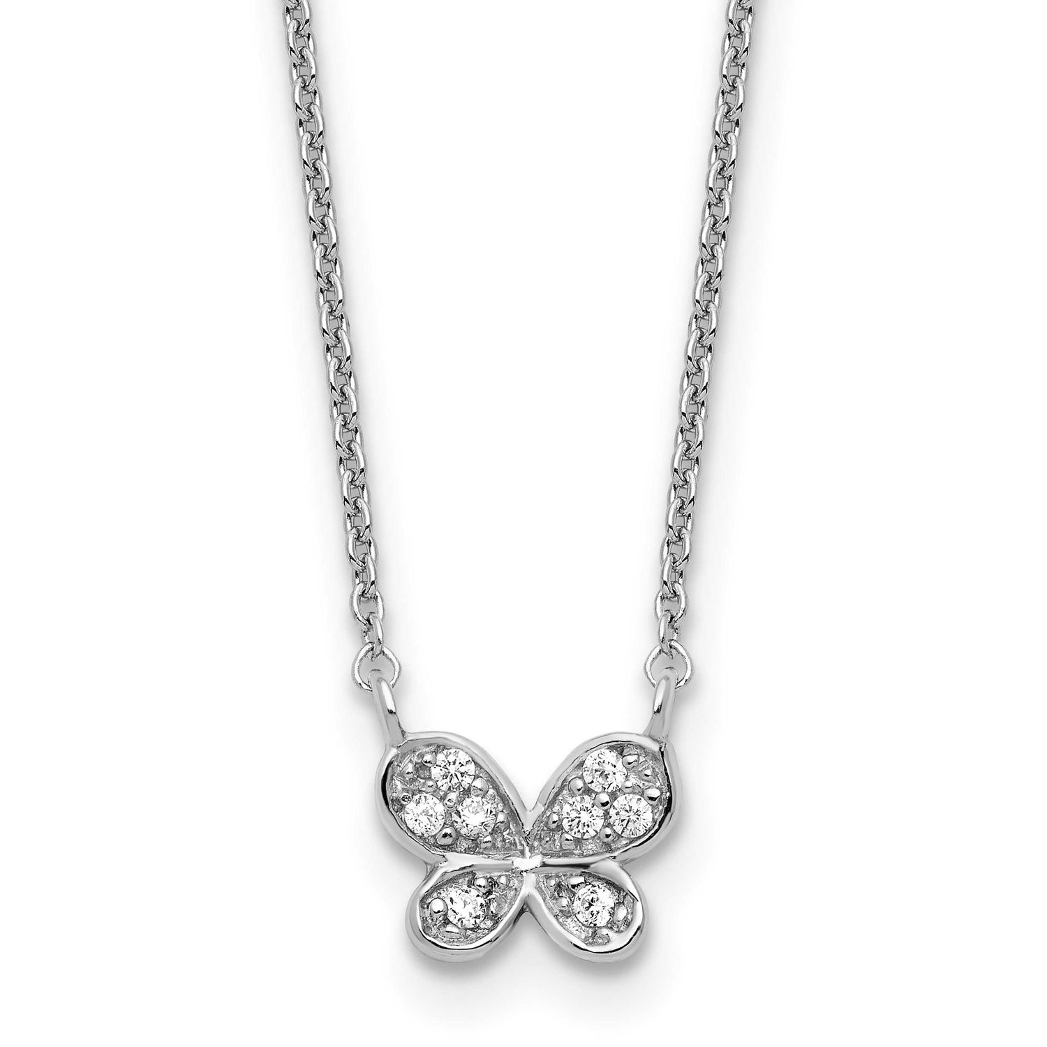 Cheryl M Polished CZ Butterfly 16 Inch with 2 Inch Extension Necklace Sterling Silver Rhodium-plate