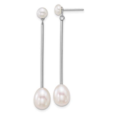 5-6mm White Button and 7-8mm White Teardrop Freshwater Cultured Pearl Post Dangle Earrings Sterling