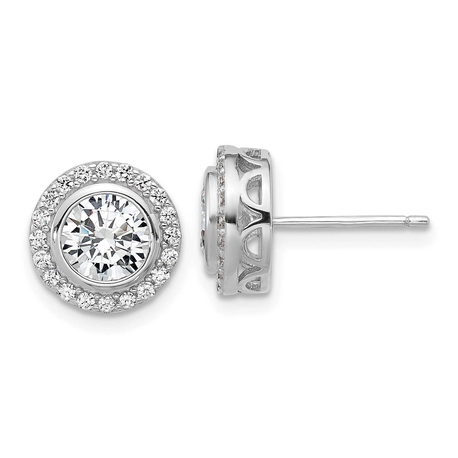 Cheryl M Polished CZ Halo Post Earrings Sterling Silver Rhodium-plated, QCM1787, 196904277126