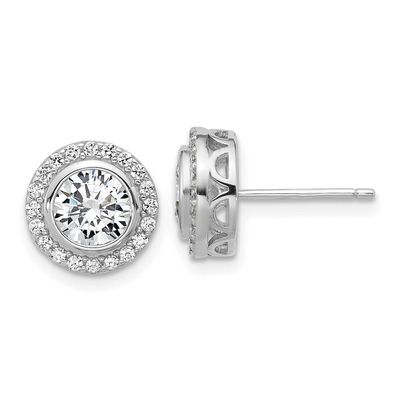 Cheryl M Polished CZ Halo Post Earrings Sterling Silver Rhodium-plated, QCM1787, 196904277126