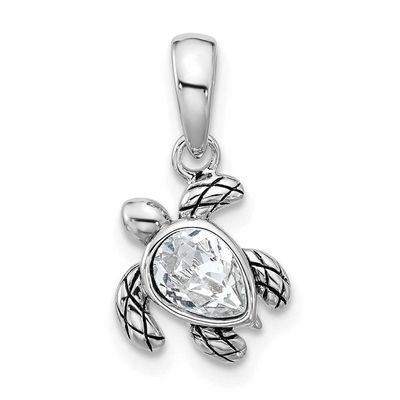Polished and Antiqued Crystal April Birthstone Turtle Pendant Sterling Silver Rhodium-plated, QP592