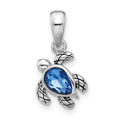 Polished and Antiqued Crystal September Birthstone Turtle Pendant Sterling Silver Rhodium-plated, Q