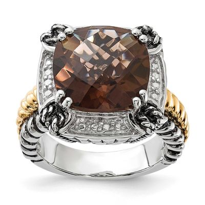 14k Polished &amp; Antiqued Smoky Quartz Ring Sterling Silver, QTC611-6, 883957035826
