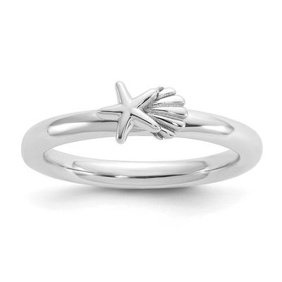 Starfish and Shell Ring Sterling Silver Rhodium-plated, QSK2285-6,