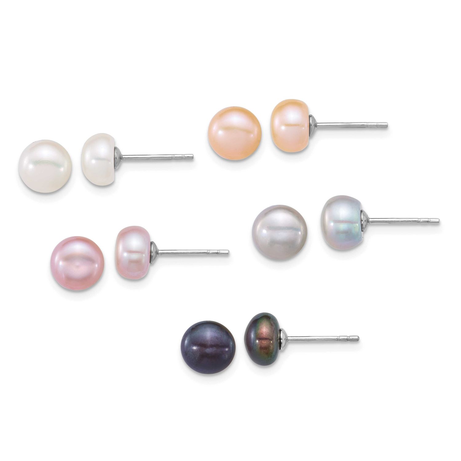 7-8mm Multicolor Button Freshwater Cultured Pearl 5-piece Post Earring Set Sterling Silver Rhodium-