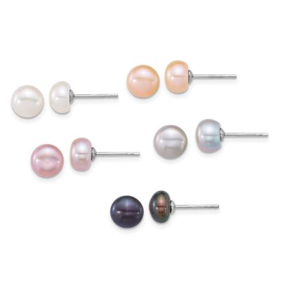 7-8mm Multicolor Button Freshwater Cultured Pearl 5-piece Post Earring Set Sterling Silver Rhodium-